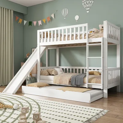 Zdjęcie produktu dla Łóżko piętrowe Merax 90x200cm z wysuwanym łóżkiem, łóżko dziecięce ze zjeżdżalnią i półkami, łóżko piętrowe z drabinką i zabezpieczeniem przed wypadnięciem, łóżko z litego drewna, łóżko młodzieżowe, białe