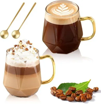 Produktbild von Kaffeebecher Set 2-teilig – 350 ml – Doppelwandige Kaffeebecher mit Henkel und Löffel – Hitzebeständiges Glas