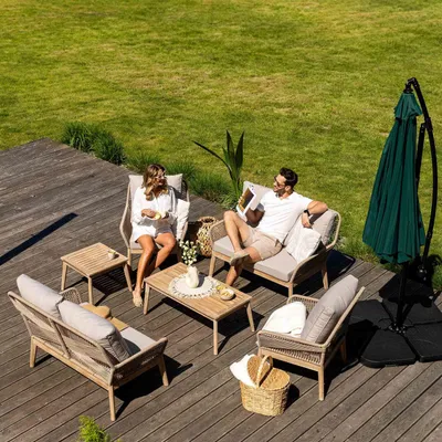 Produktbild von di volio Gartenmöbel-Set Akaia Beige, Gartenmöbel aus Stahl und Akazienholz - 2 Couchtische & 2 x 2-Sitzer Sofa & 2 Sessel, robust und langlebig