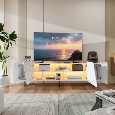 Image de Meuble TV UnboxG 220 cm blanc aspect marbre, meuble TV avec éclairage LED, espace de rangement et compartiments ouverts, design moderne avec structure métallique, 34,5 × 220 × 67,7 cm