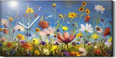 Produktbild von Wandbild Leinwand Bilder mit Uhr Geräuschlos 60x30 Ölgemälde Blumen wiese - weiße Hände
