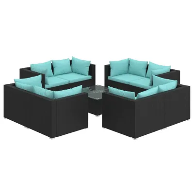 Immagine prodotto di Set da giardino 9 pezzi con cuscini in rattan sintetico nero - vidaXL