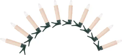 A string of 10 clip-on LED candle lights arranged in an arc against a white background.