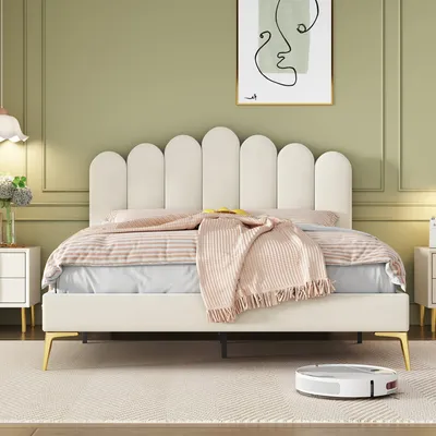 Produktbild von Beige Samtstoff Polsterbett Doppelbett 140x200cm (Ohne Matratze) Bettgestell mit Kopfteil und Lattenrost, Erwachsenen Jugendbett Gästebett