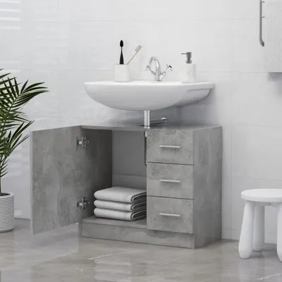 A bathroom vanity cabinet with a sink and faucet.