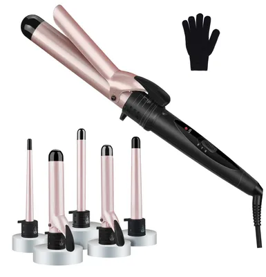 Productafbeelding van 5-in-1 krultangset, multifunctioneel, verwisselbare krulspelden. Krultang met keramische coating en hitteschildende handschoen