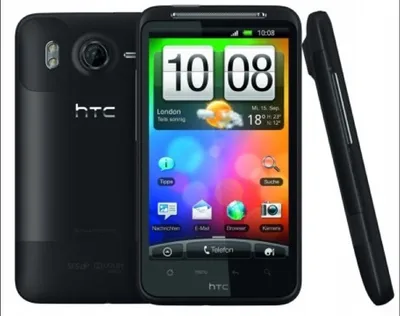 A black HTC smartphone is displayed from multiple angles against a white background.