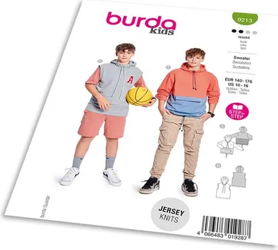 Obrázek produktu pro Střih Burda 9213 - Dětská mikina s barevnými bloky, klopami na kapsách a kapucí