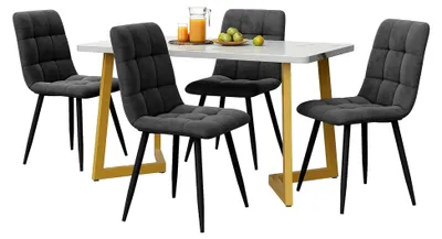 Produktbild von Esstisch mit 4 Stühlen, 68x117x75cm, Essgruppen, Küchentisch mit Polsterstühlen, modernes Esszimmermöbel Set (Samt, Dunkelgrau+Gold)