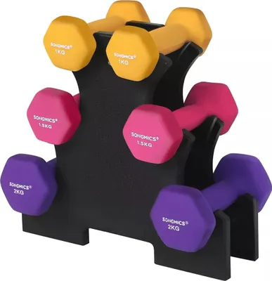 Obrázek produktu pro In And OutdoorMatch Sada činek Earleen - se stojanem - 2x1kg - 2x1,5kg - 2x2kg - matný povrch - domácí silový trénink - žlutá - růžová - fialová