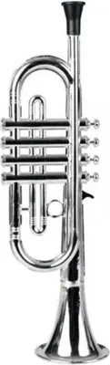 A silver trumpet with a black mouthpiece is shown against a white background.