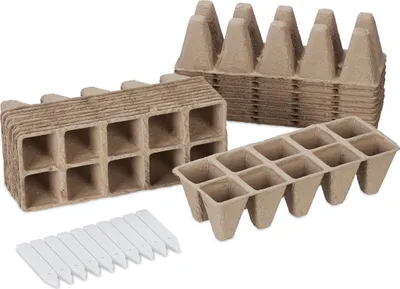 Image de Lot de 200 pots de culture Relaxdays, étiquettes incluses, biodégradables, petits pots de plantation, H x L x P 5,5 x 3,5 x 3,5 cm, marron