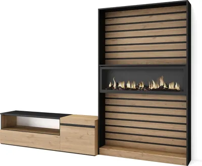 Produktbild von Wohnwand Wohnzimmer, 260x35x186cm, Für TV-Geräte bis zu 65", Elektrokamin XXL. Eiche und Schwarz