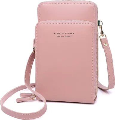 Produktbild von Handy Umhängetasche - Leder Frauen Brieftasche Retro Schultertasche Klein Tasche Geldbörse reisepass Handytasche mit Kartenfächer Verstellbar Abnehmbar Schultergurt für Handy unter 7 Zoll (Rosa)