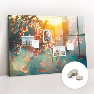 Produktbild von Magnetische Wandtafel aus Glas – Memotafel mit gebogener Vorderseite – Enthält 5 Magnete – 100x70 cm – Mit Frühlingsblumenmuster