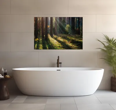 Produktbild von Wallario wasserfestes Poster selbstklebend 91,50 x 61 cm, Sonnenstrahlen im Herbstwald, Badezimmerposter Spritzschutz mit Hochglanzoberfläche in Glasoptik