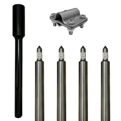 Obrázek produktu pro Sada 4 Zemnicích Tyčí Z Nerezové Oceli V4A 4x1000mm Ø20mm Včetně Úderové Hlavice SDS-Max a Svorky