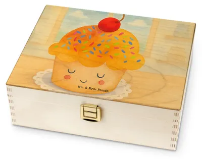 Produktbild von Mr. & Mrs. Panda Teebox Cupcake Design - Weiß - Geschenk, Tee Box, Lustige Sprüche, Wunder, Backen, Cupcakes, holz, Teebeutel-Box, Motivation, Muffin, Küche Deko