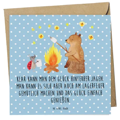 Produktbild von Mr. & Mrs. Panda Klappkarte Bär & Marienkäfer Lagerfeuer - Blau Pastell - Geschenk, Teddy, anlasskarte, faltkarte, Glückwunschkarte, Grußkarte, doppelkarte