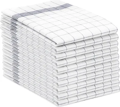 A stack of folded kitchen towels with a gray checkered pattern.
