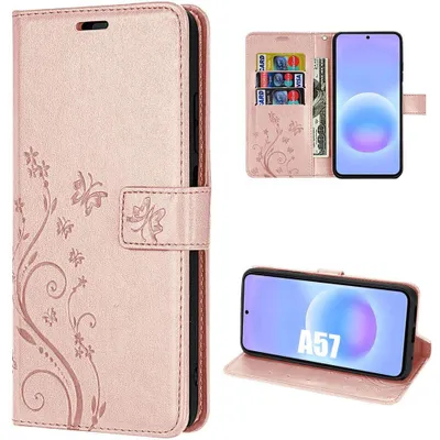 Image de Coque pour Samsung Galaxy A57 5G, Protection Anti-Rayures Synthécuir Rose Motif Papillon Plante