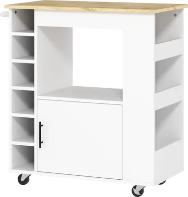 Produktbild von Weißer Küchenwagen mit Rollen, Arbeitsplatte, Schrank, Fächern & Weinregalen - Mobile Kücheninsel
