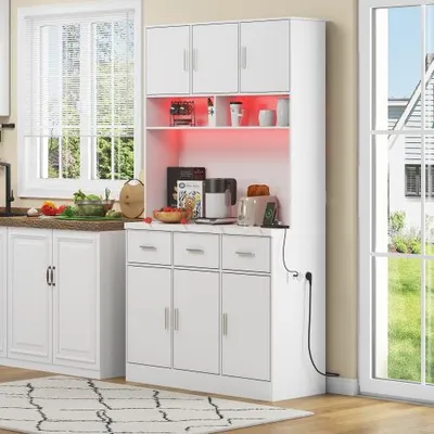 Produktbild von AIORBER Küchenschrank Buffetschrank Highboard mit LED Steuerung Steckdosen USB Verstellbare Regale 3 Schubladen 100x40x180cm Weiß