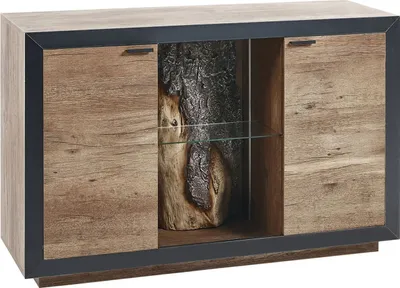 Produktbild von BELIANI Rustikales Sideboard mit 2 Türen und Regalen aus hellem Holz und schwarzem MDF, mit LED-Licht Wohnzimmer-Schlafzimmer-Aufbewahrung
