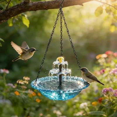 Produktbild von Vogeltränke Hängend mit Solarbrunnen, Solar Vogeltränke Balkon, Vogelbad Garten zum Aufhängen, Wassertränke für Vögel mit Springbrunnen Wasserspiel,Metall Trinkschale Vögel für Garten Hof Outdoor (A)
