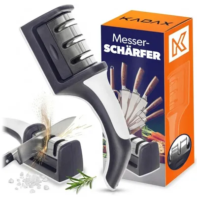 Immagine prodotto di Affilacoltelli manuale KADAX per coltelli da cucina, affilacoltelli a 3 stadi per una affilatura precisa, con manico ergonomico e base antiscivolo