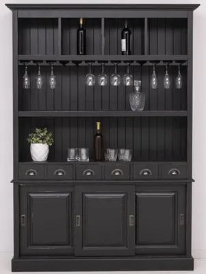 Obrázok produktu pre Casa Padrino barová skrinka z masívneho dreva vo vidieckom štýle antická čierna 151 x 36 x v. 210 cm - Vinotéka z masívneho dreva vo vidieckom štýle - Barový nábytok z masívneho dreva - Barový nábytok vo vidieckom štýle