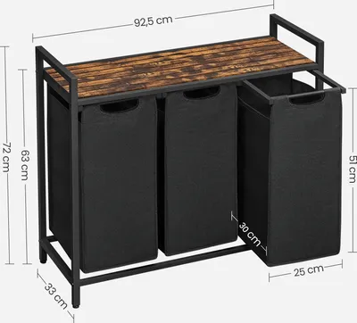 Obrázok produktu pre Kôš na bielizeň VASAGLE s 3 priehradkami, s policou, výsuvný odnímateľný, 3 x 38 l, čierny