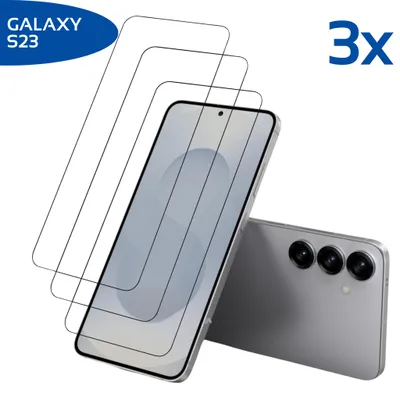 Three transparent screen protectors are shown layered on top of a Samsung Galaxy S23 phone, with the back of the phone visible to the right.