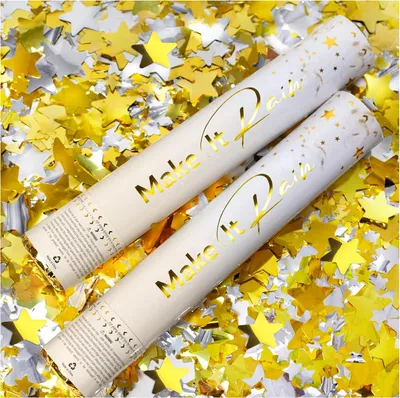 Image de Lance-confettis "Party Popper", confettis en forme d'étoiles dorées, lot de 2, pour les fêtes