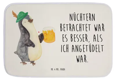 Produktbild von Mr. & Mrs. Panda Badematte Pinguin Bier - Weiß - Geschenk, Duschvorleger, Badezimmer Matte, Beschwippst, , Pinguine, Badteppich, Badvorleger, Angetüdelt