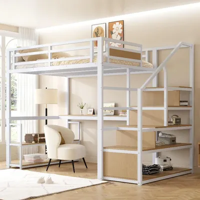 Produktbild von Metall Hochbett 140x200cm in Weiß, Hochbett mit Aufbewahrungsleiter, Regalen und Tisch, Metallrahmen mit Sicherheitsumrandung
