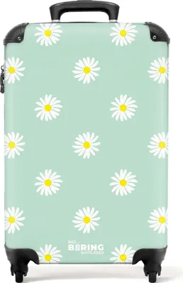 Produktbild von NoBoringSuitcases.com® Koffer Handgepäck Trolley Rollkoffer Kleine Reisekoffer mit 4 Rollen - Pastellgrün mit Gänseblümchen - Cabin Size < 55x40x23 cm & 55x40x20 cm - Fotokoffer - Kabinenkoffer - BoardgepäckHandgepäck Koffer 55x35x20 cm, 36L,