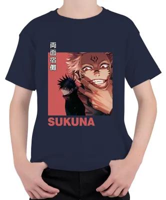 Imagen del producto de Camiseta uni para niños, diseño de Jujutsu Kaisen, con la imagen de Sukuna (Ryomen Sukuna), estilo anime, con motivos de maldiciones y el personaje como villano. Color azul marino, talla 104