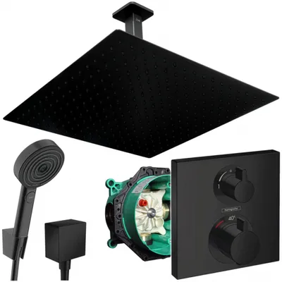 Produktbild von Hansgrohe und Jowi Unterputz Duschsystem Ecostat Square Thermostat, Schwarz, Duscharmatur mit 360mm Kopfbrause, Deckenanschluss