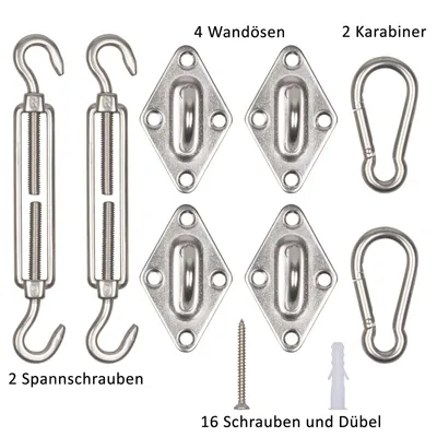 Produktbild von hanSe Befestigungsset Sonnensegel Edelstahl M6, 2 Spannschrauben, 2 Karabiner, 4 Wandösen, 16 Befestigungsschrauben, 16 Dübel, Grundausstattung für kleine Sonnensegel