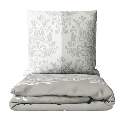 A folded duvet cover and a pillowcase with a damask pattern, presented on a white background.
