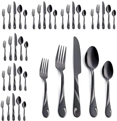 Productafbeelding van Ibenzoa® Elegante, zwarte bestekset, 40-delig voor 8 personen | 18/0 roestvrij staal, spiegelglans, vacuümcoating, vaatwasmachinebestendig