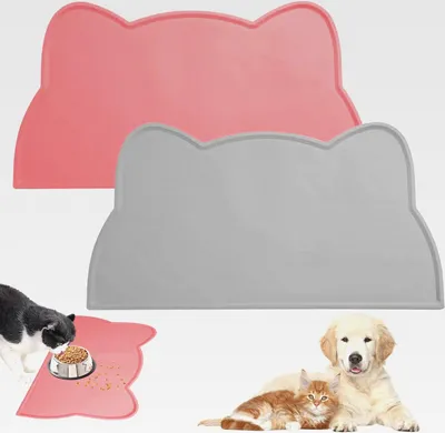 Produktbild von 2 Stück Silikon Futtermatten für Katzen, 44 X 25.5 cm Napfunterlage Katze mit Rand, Anti-Rutsch Haustier Fütterung, Topflappen Futterunterlage Hund, für Hunde, Katzen, Kaninchen (Rosa, Grau)