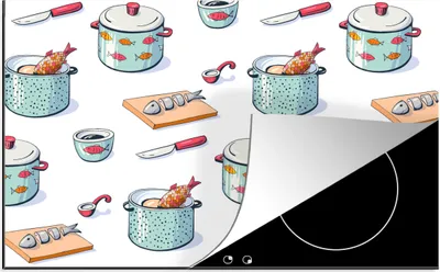 Produktbild von KitchenYeah© Herdabdeckplatte Muster - Kochen - Fisch - Pfanne , 91x52cm, Küche Deko, Glaskeramikkochfeld Herdabdeckung, Abdeckplatte fùr Kochfeld