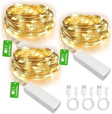 Obrázok produktu pre Miniatúrna, dobíjateľná svetelná reťaz s časovačom - 3 m - 30 LED - Teplá biela
