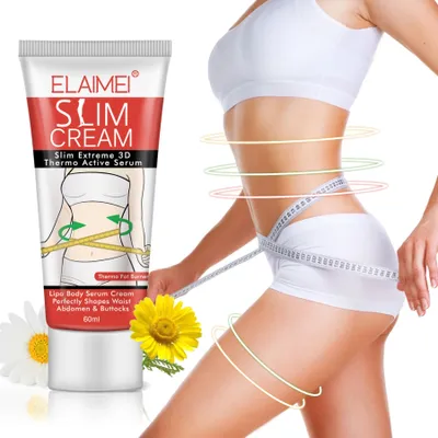 A tube of slimming cream is shown next to a woman's body, with a measuring tape around her waist and decorative rings around her body.