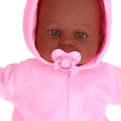 Immagine prodotto di Bambola nera, 40 cm, vinile morbido al tatto con tutina rosa, calzini e ciuccio