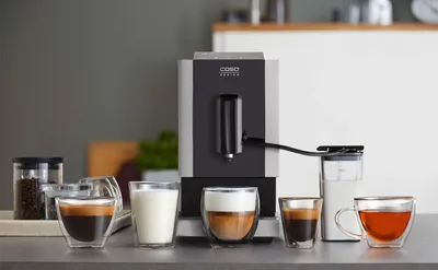 Produktbild von CASO Café Crema Touch, Design Kaffeevollautomat, inkl. Schlauch und Milchtank, Kegelmahlwerk stufenlos einstellbar, Schwarz, Edelstahl