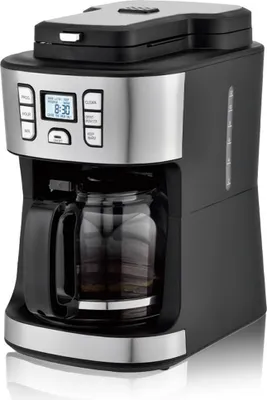 A black and silver coffee maker with a glass carafe is shown against a white background.