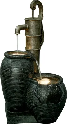 Produktbild von dobar Großer Design Garten-Brunnen mit Pumpe und LEDŽs, Springbrunnen XL mit Zier-Handpumpe für drinnen u. draußen, 47,5x38,5x84 cm, Polyresin